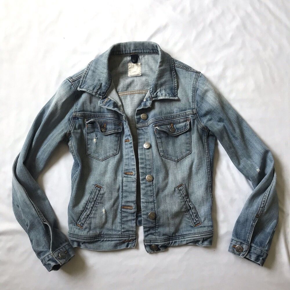 J. Crew Denim Jean Trucker Jacket Womens XS/S Blue Distressed Destroyed Stretch